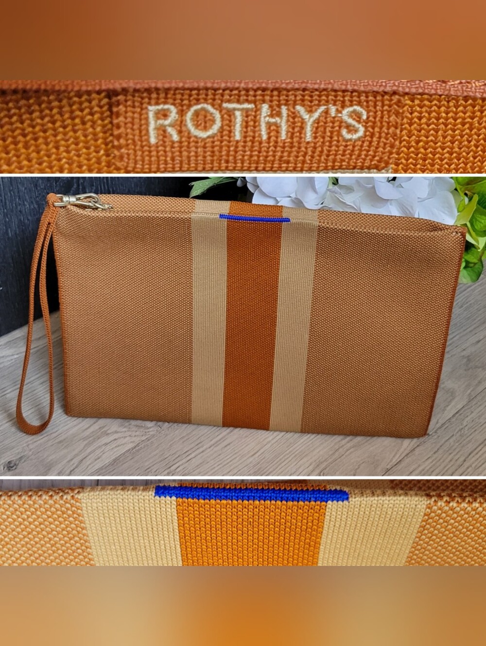 Rothy's The Wristlet Clutch Pouch Zippered Bag Orange Amber Stripe, 11.75"x7.5"